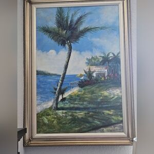 Coastal Palm Beach Scene Wall Art - Blue & Green